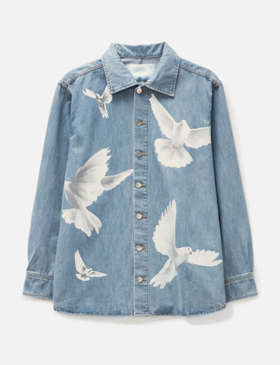 Shop 3paradis Washed Blue Freedom Birds Overshirt