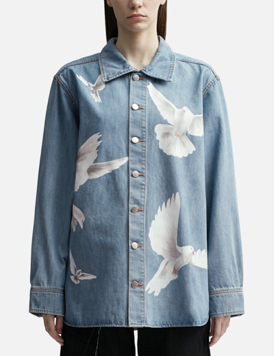 Shop 3paradis Washed Blue Freedom Birds Overshirt