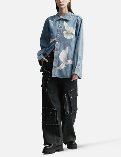 Shop 3paradis Washed Blue Freedom Birds Overshirt