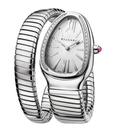 Shop Bvlgari Stainless Steel And Diamond Serpenti Tubogas Watch 35mm In Grey