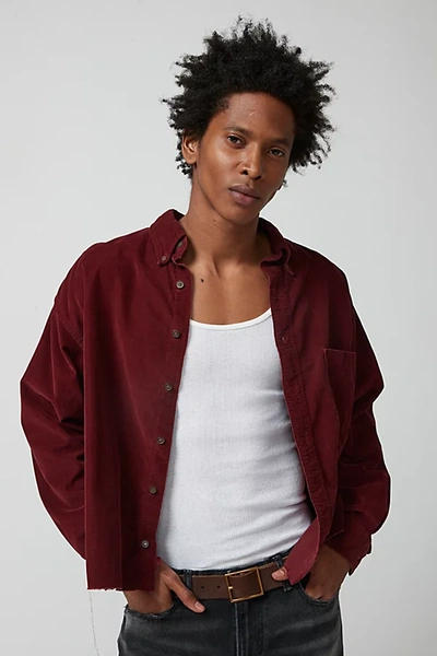 Shop Urban Renewal Remade Overdyed Raw Crop Cord Long Sleeve Shirt In Dark Red, Men's At Urban Outfitters