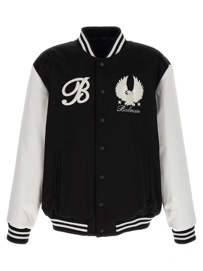 Shop Balmain Embroidered Badges Satined Varsity Casual Jackets, Parka In White/black
