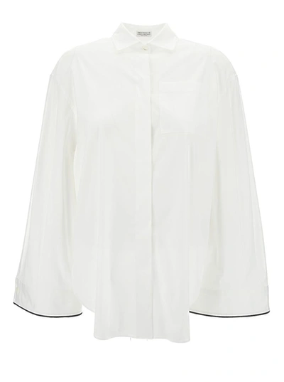 Shop Brunello Cucinelli Oversized White Shirt With Contrasting Hem In Cotton Blend Woman