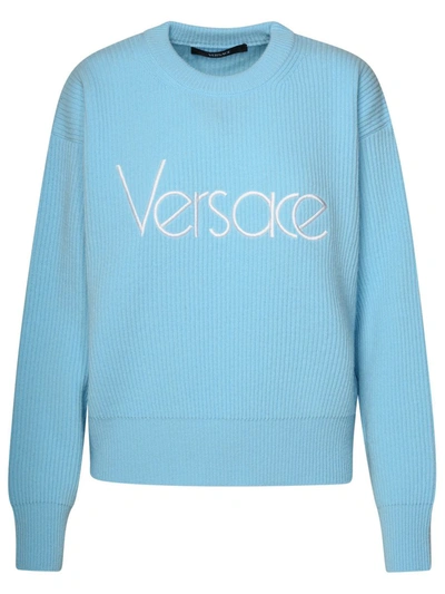 Shop Versace Light Blue Virgin Wool Sweater