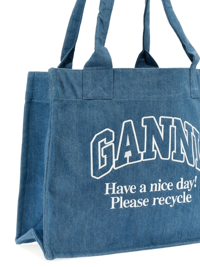 Shop Ganni Logo Embroidery Denim Shopping Bag Tote Bag Light Blue