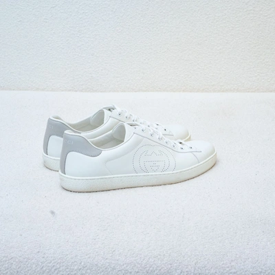 Pre-owned Gucci White Perforated Interlocking G Leather Ace Low Top Sneakers