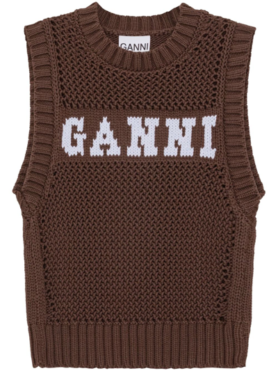Shop Ganni Brown Logo-embroidered Knitted Vest