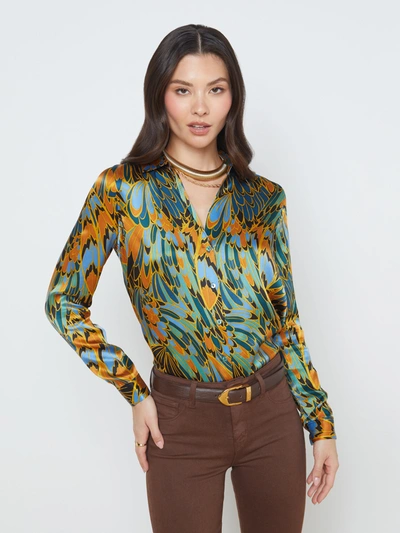 Shop L Agence Tyler Silk Blouse In Blue Multi Parrot Feather