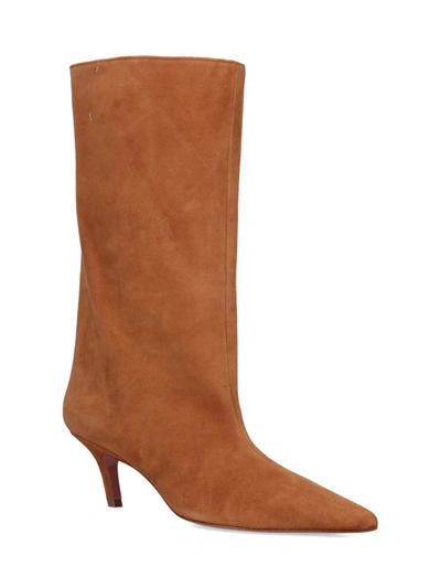 Amina Muaddi 60mm Fiona Pointed-toe Suede Boots In Brown