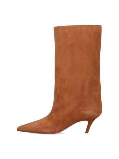 Amina Muaddi 60mm Fiona Pointed-toe Suede Boots In Brown