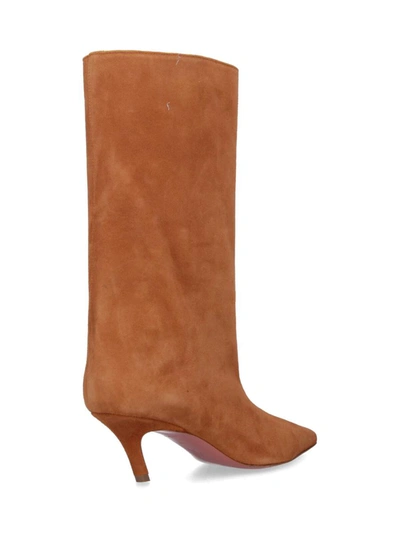 Amina Muaddi 60mm Fiona Pointed-toe Suede Boots In Brown