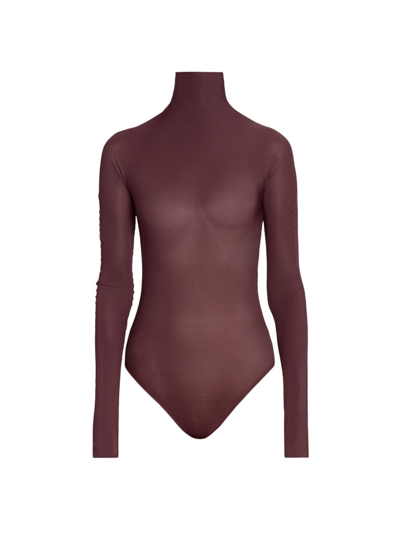 Shop Alaïa Women's Sheer Turtleneck Long-sleeve Bodysuit In Bordeaux