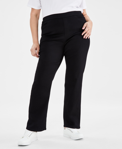 Shop Style & Co Plus Size Mid-rise Pull-on Straight-leg Jeans, Created For Macy's In Black Rinse