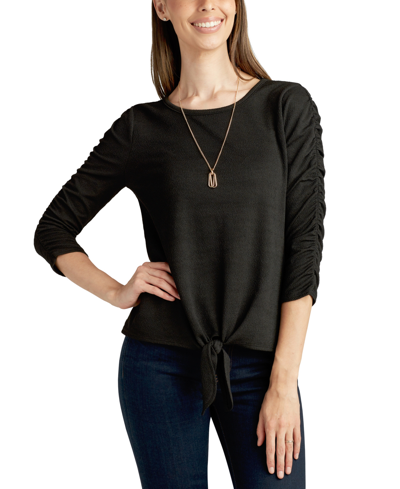 Shop Bcx Juniors' Ruched-sleeve Tie-front Top In Black