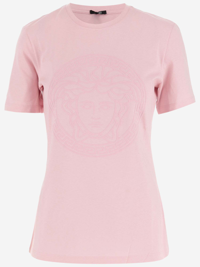 Shop Versace Cotton T-shirt With Logo In Pale Pink