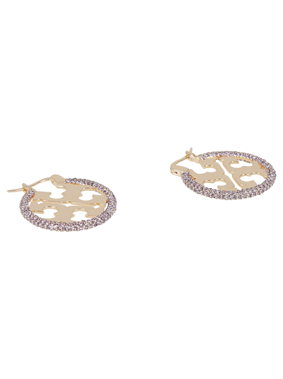 Shop Tory Burch Crystal Embellished Logo Earrings In Tory Gold/purple