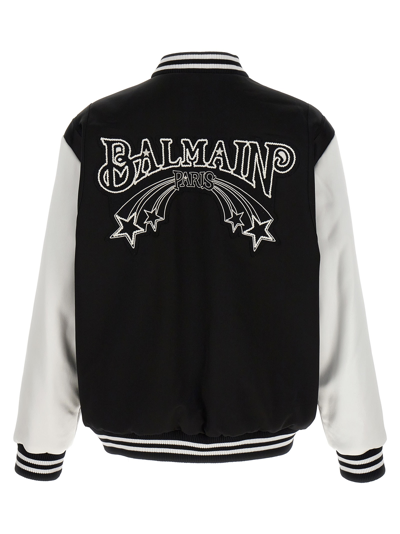 Shop Balmain Embroidered Badges Satined Varsity Bomber Jacket In White/black