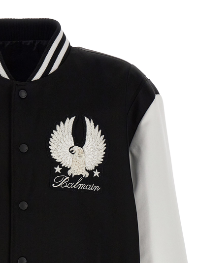 Shop Balmain Embroidered Badges Satined Varsity Bomber Jacket In White/black