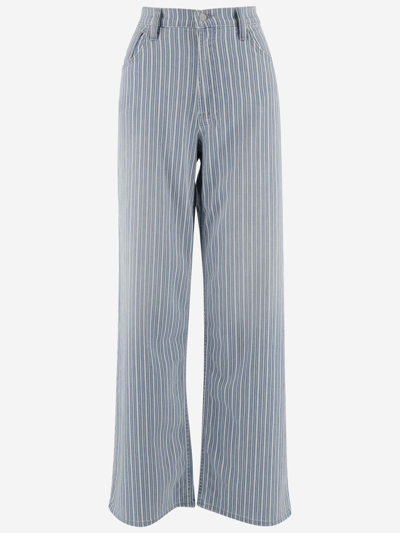 Shop Mother Stretch Cotton Striped Flared Jeans In Denim