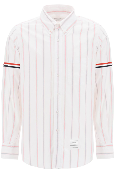 Shop Thom Browne Striped Oxford Button Down Shirt With Armbands In White