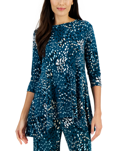 Jm Collection Petite Printed 3/4-sleeve Long Top, Created For Macy's In Deep Black Combo