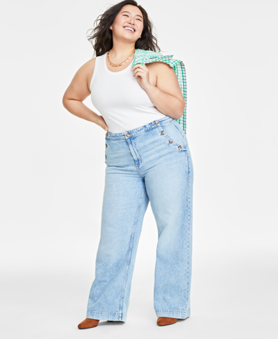On 34th Plus Size Sailor High-rise Wide-leg Jeans, Created For Macy's In Light Wash