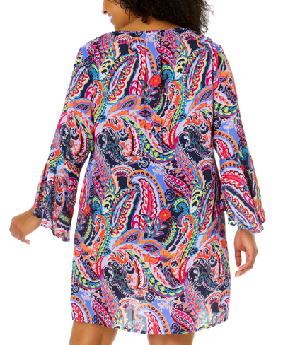 Shop Anne Cole Plus Size Drawstring V-neck Bell-sleeve Tunic Cover-up In Paisley Parade