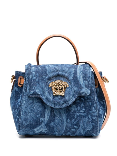 Shop Versace Blue La Medusa Small Barocco Denim Handbag