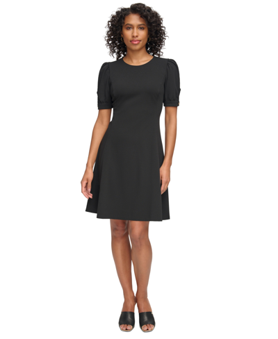 Shop Dkny Women's Short-sleeve Fit & Flare Dress In Black