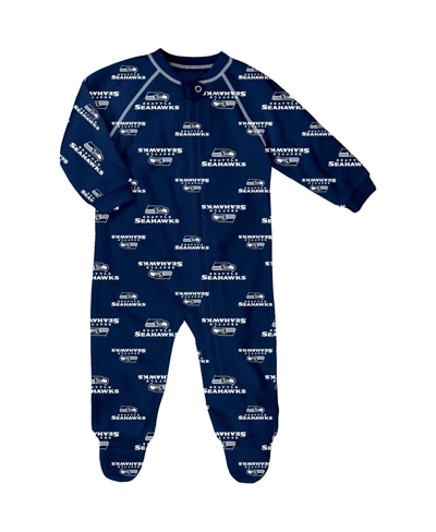 Shop Outerstuff Newborn Boys And Girls Navy Seattle Seahawks Allover Print Raglan Full-zip Jumper