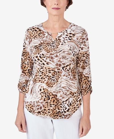 Shop Alfred Dunner Women's Classic Puff Print Mixed Animal Print Split Neck Top In Tan