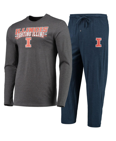 Concepts Sport Men's  Navy, Heathered Charcoal Distressed Illinois Fighting Illini Meter Long Sleeve In Navy,heathered Charcoal