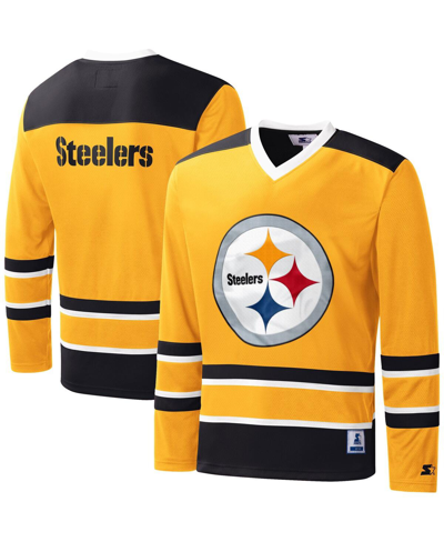 Starter Gold Pittsburgh Steelers Cross-check V-neck Long Sleeve T-shirt In Gold