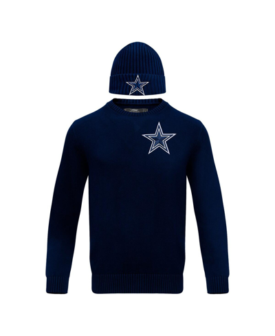 Shop Pro Standard Men's  Navy Dallas Cowboys Crew Neck Pullover Sweater And Cuffed Knit Hat Box Gift Set