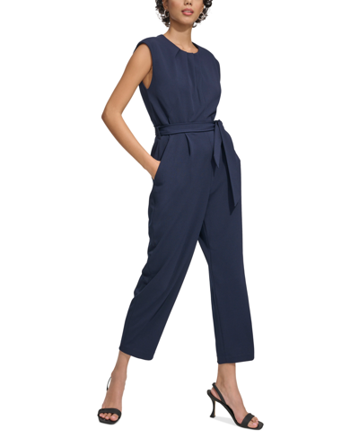Shop Calvin Klein Women's Sleeveless Tie-waist Jumpsuit In Indigo