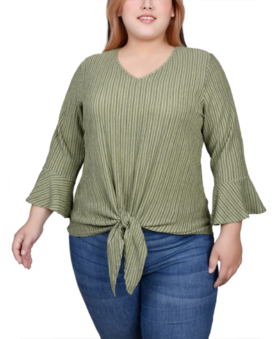 Ny Collection Plus Size 3/4 Bell Sleeve Textured Knit Top In Avocado