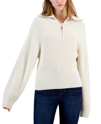 Shop Hugo Women's Collared Quarter-zip Drop-shoulder Sweater In Open White