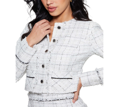 Shop Guess Women's Sofia Tweed Jacket In Check Tweed White Combo