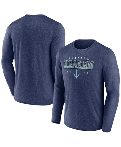Shop Fanatics Men's  Heather Deep Sea Blue Seattle Kraken Long Sleeve T-shirt