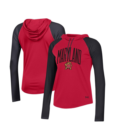 Shop Under Armour Women's  Red Maryland Terrapins Gameday Mesh Performance Raglan Hooded Long Sleeve T-shi