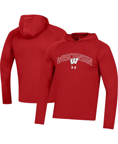 Shop Under Armour Men's  Red Wisconsin Badgers 2023 Sideline Tech Hooded Raglan Long Sleeve T-shirt