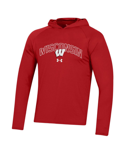 Shop Under Armour Men's  Red Wisconsin Badgers 2023 Sideline Tech Hooded Raglan Long Sleeve T-shirt