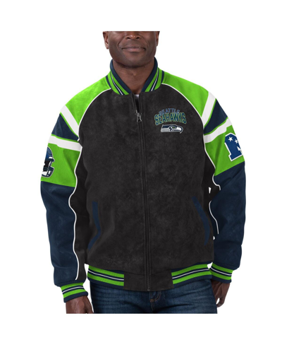Shop G-iii Sports By Carl Banks Men's  Black Seattle Seahawks Faux Suede Raglan Full-zip Varsity Jacket