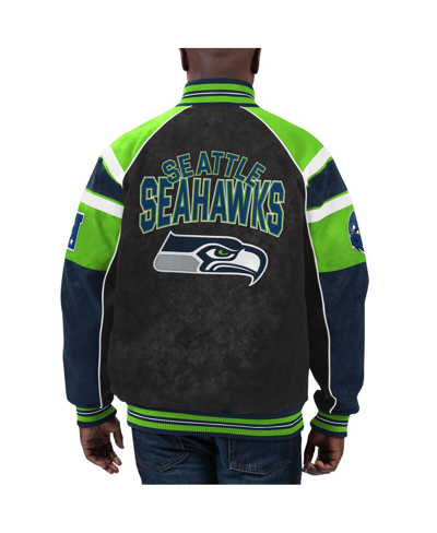 Shop G-iii Sports By Carl Banks Men's  Black Seattle Seahawks Faux Suede Raglan Full-zip Varsity Jacket