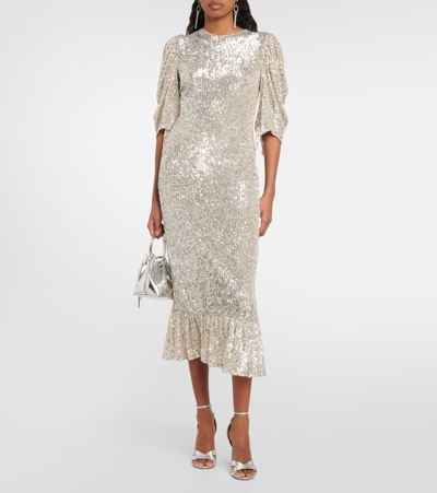 Roberta Einer Drama Sequined Midi Dress In Silver