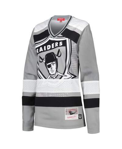Mitchell & Ness Women's  Silver Distressed Las Vegas Raiders Big Face 7.0 Long Sleeve Jersey T-shirt In Silver