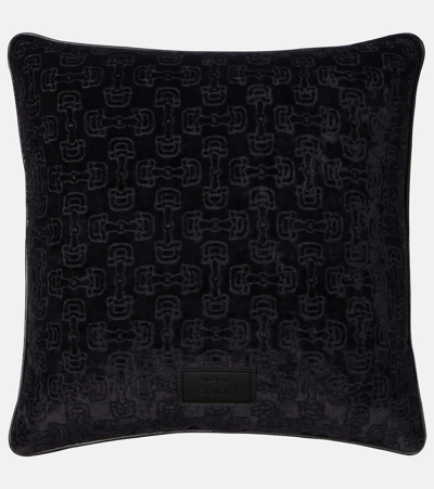Shop Gucci Horsebit Jacquard Velvet Cushion In Black