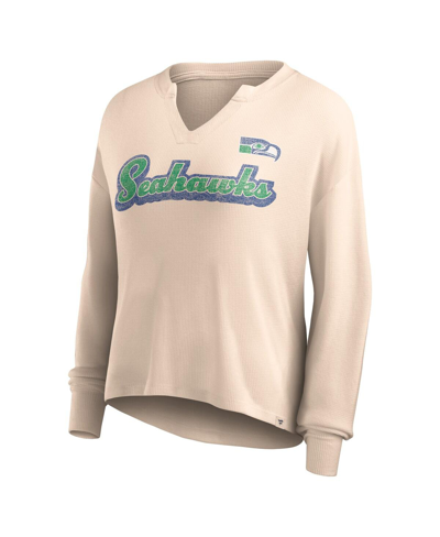 Fanatics Women's  Tan Distressed Seattle Seahawks Go For It Notch Neck Waffle Knit Long Sleeve T-shir In Tan