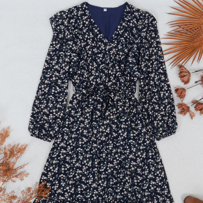 Shop Anna-kaci Ruffle Shoulder Long Sleeve Midi Dress In Blue