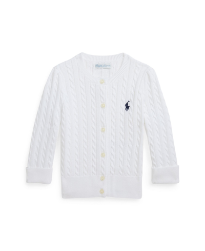Shop Polo Ralph Lauren Baby Girls Mini-cable Cotton Cardigan Sweater In Optic White With Navy